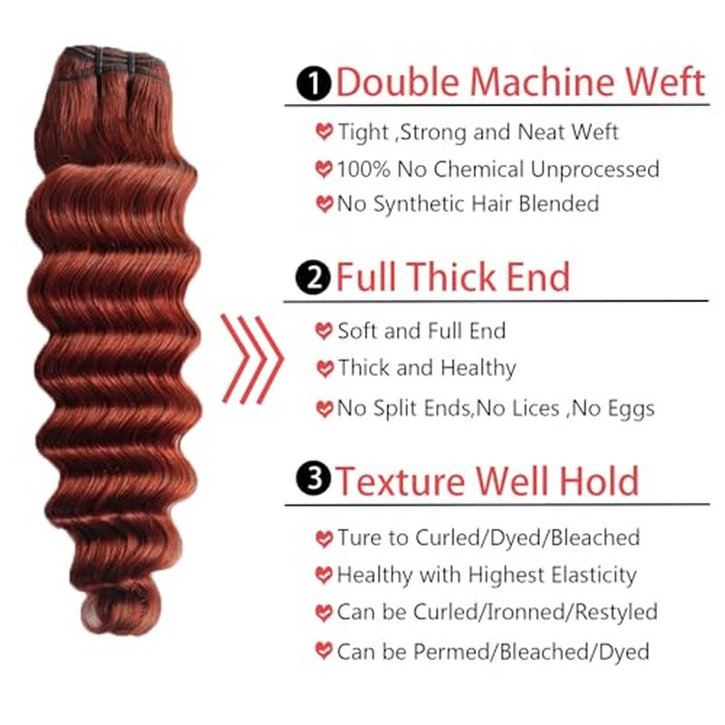 Loose Deep Wave Bundles Human Hair with Closure, 12a Reddish Brown Bundles with 4x4 Lace Closure 33# Copper Red Bundles Human Hair (Loose Deep Wave 14 16 18+14free)