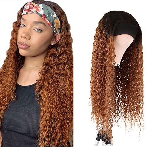 Ombre 1B30 Deep Wave Headband Wig Brown Human Hair Wig Dark Root 130% Density Brazilian Virgin Hair Machine Made Wigs for Women Dark Brown Color 12 Inch