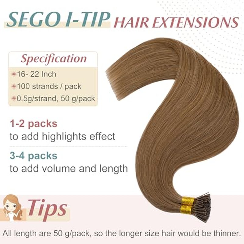 SEGO I Tip Hair Extensions Human Hair Keratin Pre Bonded MicroBeads Tip Balayage Natural Silky Straight Extensions 100 Strands 50g/Pack -18 Inch Light Brown