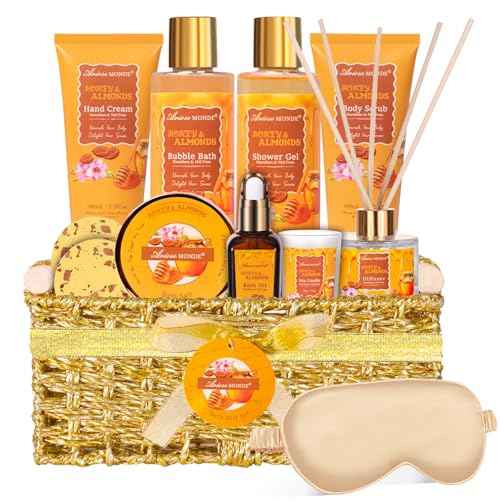 Gift Baskets for Women, Bath and Body Gift Set for her with 13pcs Honey Almond Scented Spa Gifts for Women, Bath Sets Includes Scented Candle, Shower Steamer, Bubble Bath, Bath Salt. Mothers Day Gifts