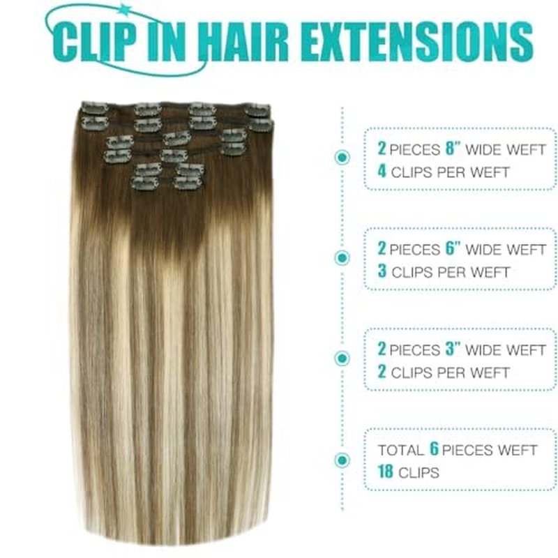 SURNEL Human Hair Clip in Extensions 18inch Clip in Hair Extensions Balayage Walnut Brown to Ash Brown and Golden Blonde Hair Extensions Clip ins 6pcs 120g(#3/8/22,18")