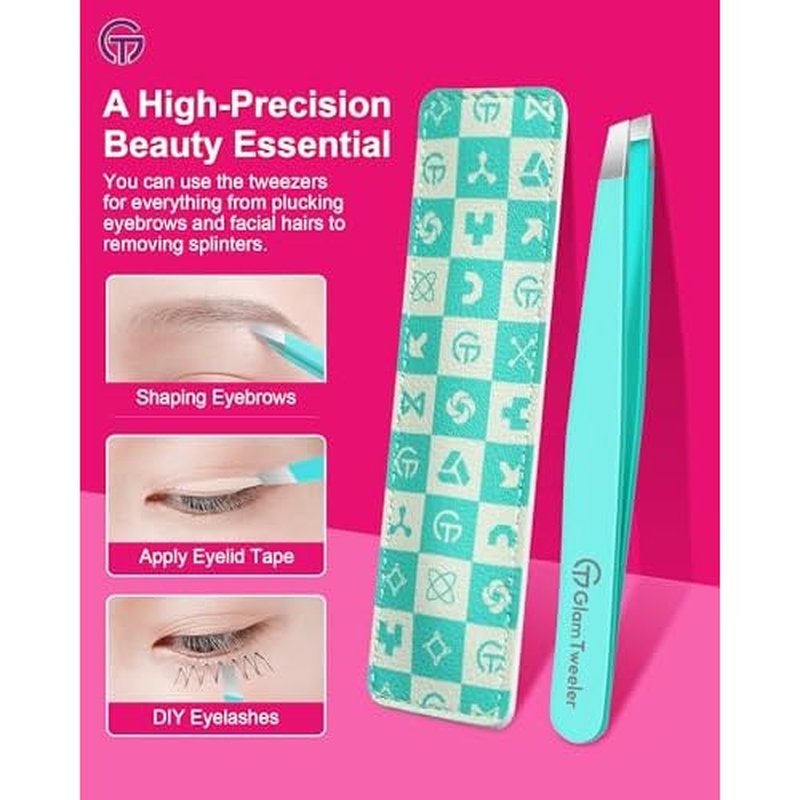 Expert Eyebrow Hair Removal Tweezer with Leather Case, GlamTweeler High Precision Slant Tip Stainless Steel Tweezers for Men and Women (Robin's Egg Blue)