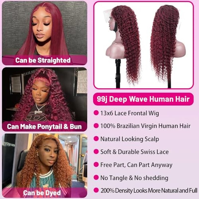 Burgundy Wig Human Hair 99j Burgundy 13x6 HD Transparent Deep Wave Lace Front Wigs Human Hair 180 Density Pre Plucked Brazilian Virgin Red Wig Human Hair For Black Women (99j Burgundy, 22 Inch)