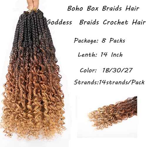Goddess Box Braids Crochet Hair 14inch 112 Stands Boho Crochet Box Braids with Curly Ends 8 Packs Boho Box Braids Crochet Hair for Black Women Pre Looped Boho Box Braids Crochet Hair Extensions