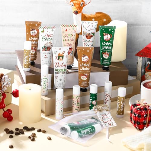 Demissle 48 Pcs Christmas Hot Cocoa Party Favors Hand Cream and Lip Balm Gifts Bulk Xmas Party Stuffers Christmas Stocking Favors Xmas Red Green Hot Cocoa Gifts Set for Baby Shower Guests
