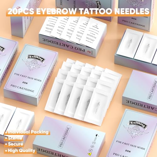 20Pcs 3F Tattoo Cartridge Needles, Disposable Microneedling Cartridges Needle for Eyebrow Eyeliner Lip, 3 Single Stack Flat 0.35MM Needle for Makeup, Microblading, Tattoo Machine (3 F)