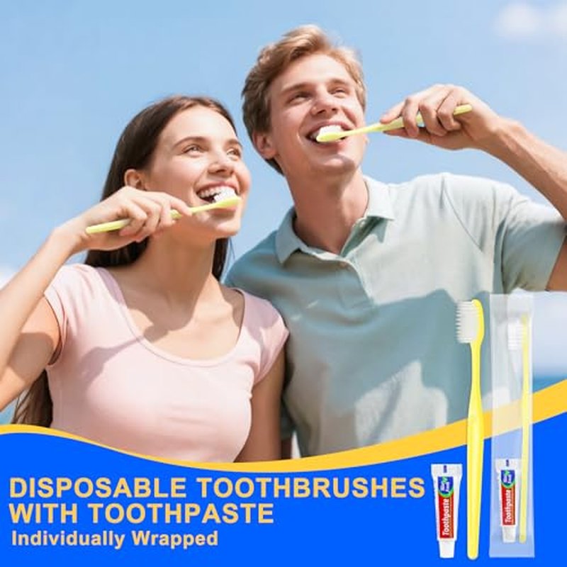 Yellow Disposable Toothbrushes with Toothpaste - Pack of 500,Individually Wrapped Single Use Travel Toothbrushes Kit Bulk for Homeless,Guests,Hotel,Dentist