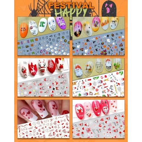 30 Sheets All Holiday Nail Art Stickers, Variety Pack Seasonal Nail Decals, Self-Adhesive Colorful Design for Daisy Flowers Butterflies Star Halloween Christmas