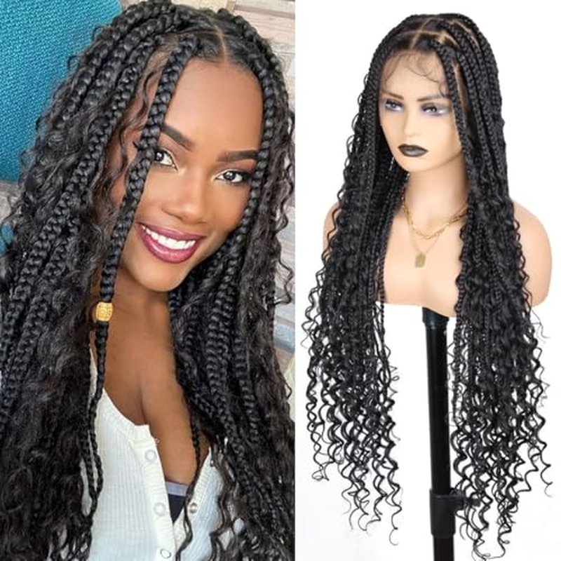 36 Inch Full Lace Boho Braided Wigs for Black Women, 360¡Æ HD Single-layer Square Knotless Box Braid Wig with Baby Hair Handmade Synthetic Hair Blended Lace Front Wig Natural Black