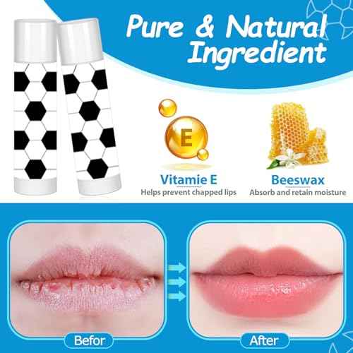 24 Pack Soccer Lip Balm for Soccer Theme Party Bulk Gifts,Beeswax Moisturizing Lip Balm,Vanilla Flavor Plumping Chapstick for Soccer Team Girls kids Men Women Sports Lovers