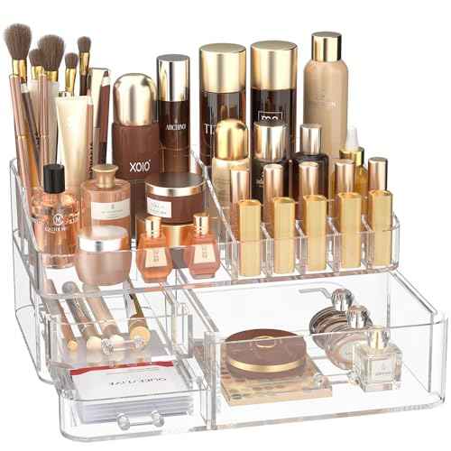 Makeup Organizer for Vanity, Acrylic Large Desk Organizer with Drawers, Ideal Vanity Holder for Cosmetics, Lipsticks, Nail Polish, Skincare, Countertop, Bathroom, Dresser