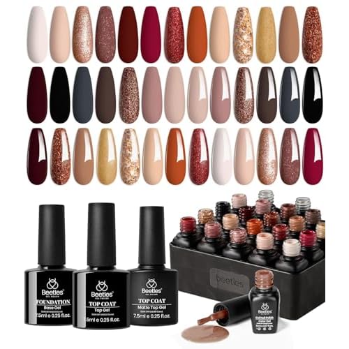 Beetles Fall Gel Nail Polish Set, 23Pcs Brown Burgundy Red Nude Pink Winter Gel Polish Set with Base Top Coat Verse of Roses Kit, Soak off Uv Gel Golden Glitter Holiday Nail Gift for Women