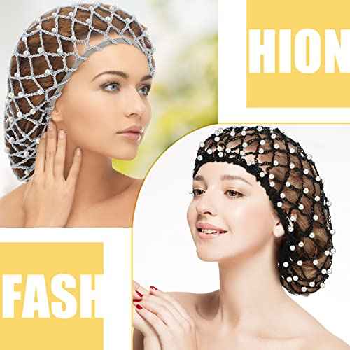 MTLEE 4 Pieces Snoods for Women Hair Net Pearl Crochet Mesh Hairnet Mesh Rayon Knit Hair Wrap Cover for Sleeping