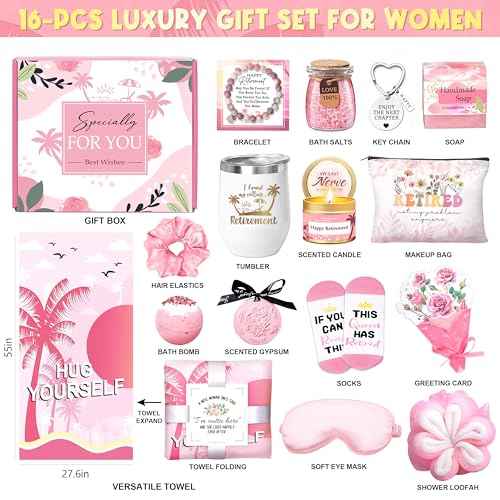 Retirement Gifts for Women 2025 - 16 pcs Relaxing Spa Gift Basket Set, Best Happy Retirement Gifts for Teacher Nurses Boss Friends Mom Mother Grandma Coworker, Funny Retired Gifts for Woman