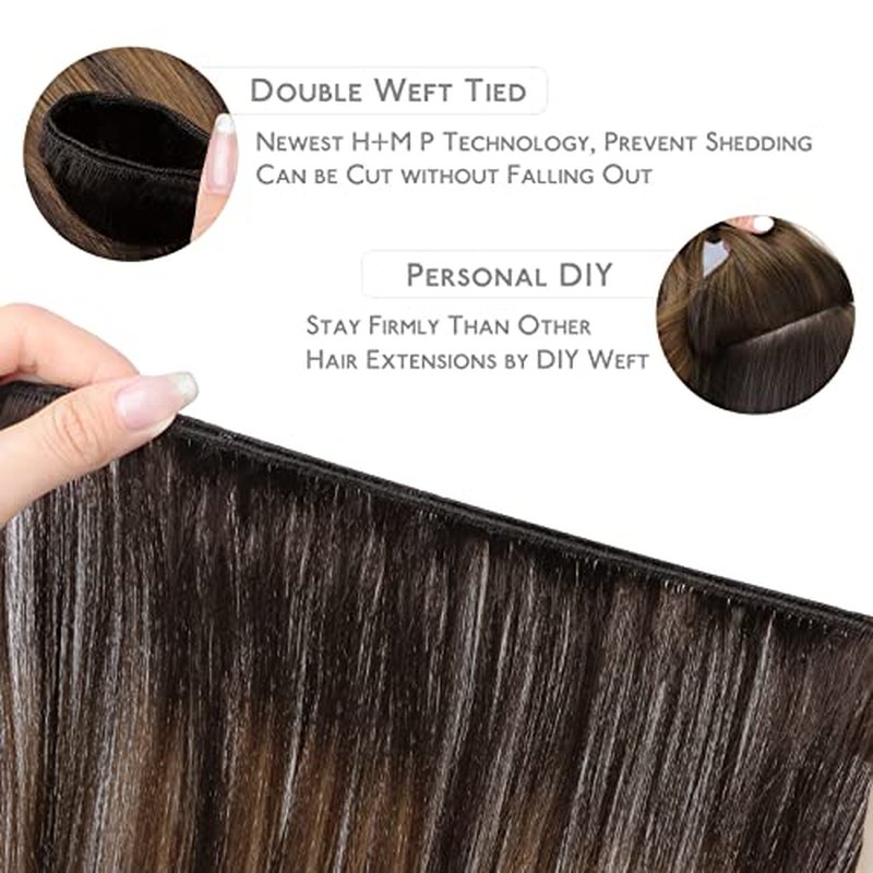WENNALIFE Sew in Hair Extensions Real Human Hair, 22 Inch 110g Balayage Dark Brown to Chestnut Brown Machine Weft Remy Hair Hand Tied Weft Straight Extensiones De Cabello Hmano