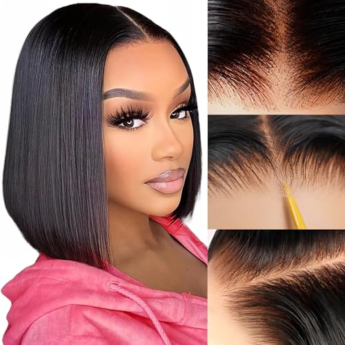 Bob Glueless Wigs Human Hair Pre Plucked Pre Cut 6x4 HD Transparent Lace Front Wigs Human Hair 150% Density Wear and Go Short Straight Wigs for Black Women No Glue Lace Closure Wigs 12 Inch