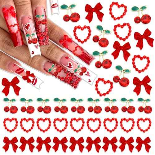 BELICEY 120Pcs Bow Nail Charms Red Acrylic Flatback Heart Nails Decoration Alloy Cherry Charms for Nails Gems and Rhinestones for Women Manicure DIY Nail Art Design Crafts