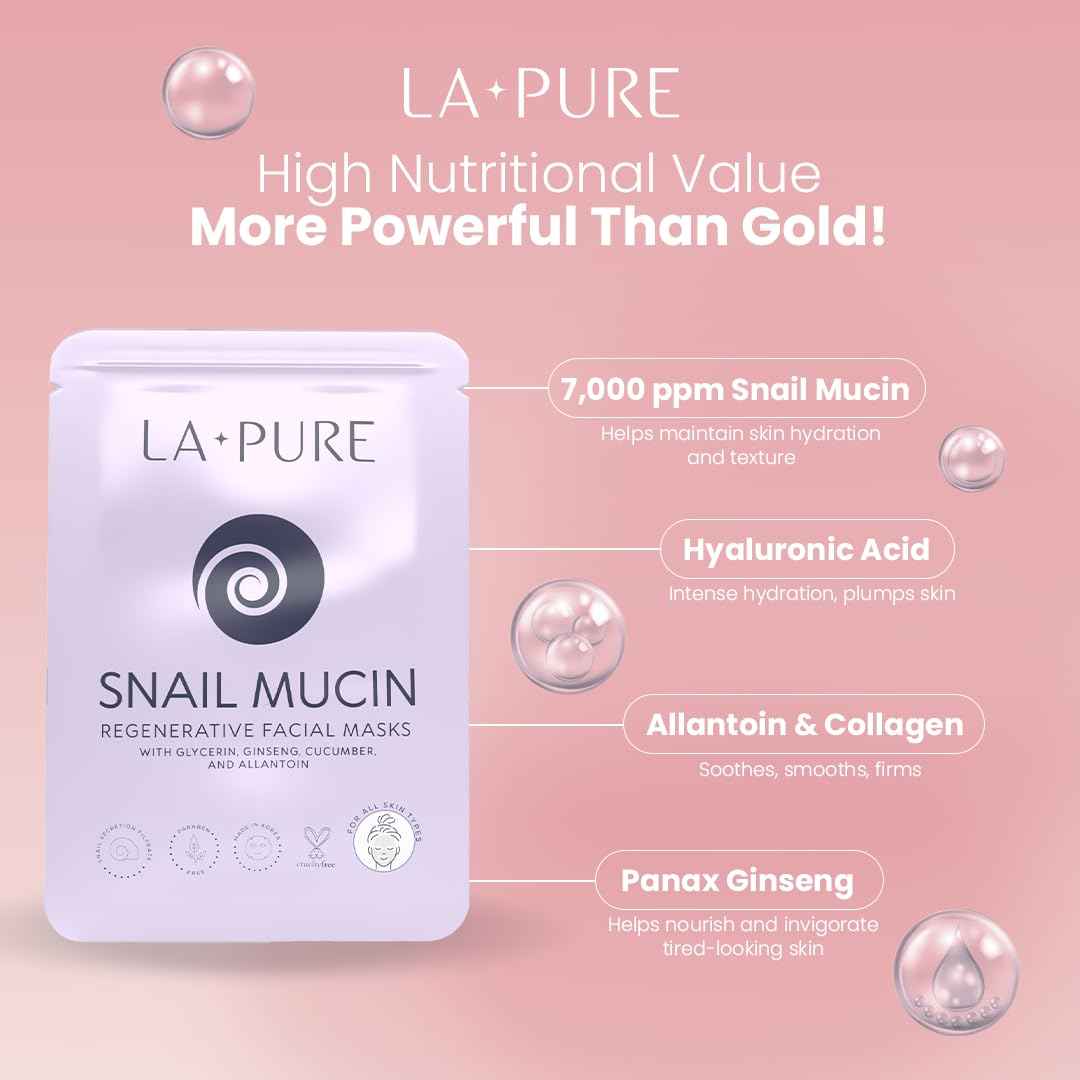 LA PURE Snail Mucin Mask – 10ct Korean Sheet Mask Pack for Signs of Aging, Aid Skin Repair & Hydration – Pure Snail Mask for Face with Collagen & Hyaluronic Acid – Cruelty-Free Hydrating Sheet Mask