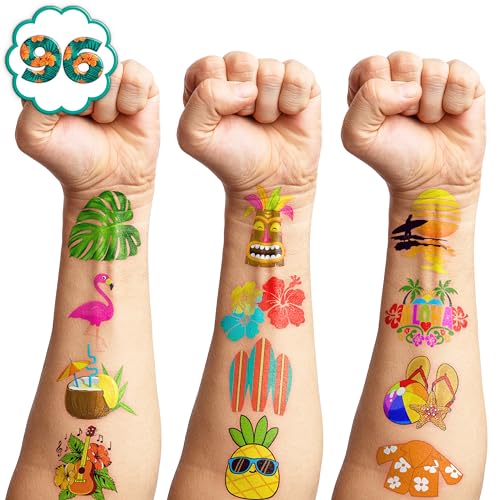 Hawaiian Luau Tattoos Temporary Theme Birthday Party Decorations Supplies Favors Decor Cute Summer Beach Tattoo Stickers 8 Sheets 96 PCS Gifts for Kids Girls Boys Classroom Rewards Carnival Christmas