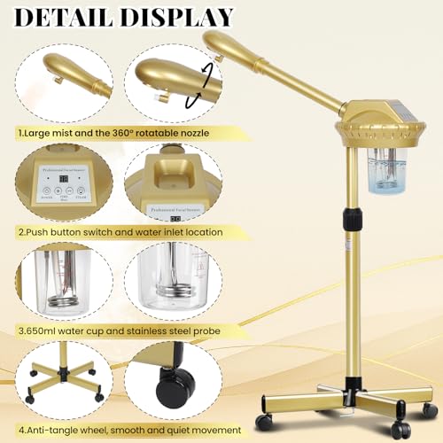 Facial Steamer Professional with More Steam for Deep Cleansing and Hydration, Estheticians Steamer on Wheels with Time Setting, Face Steamer Adjustable Height for Beauty, Spa and Home Use£¨Golden£©