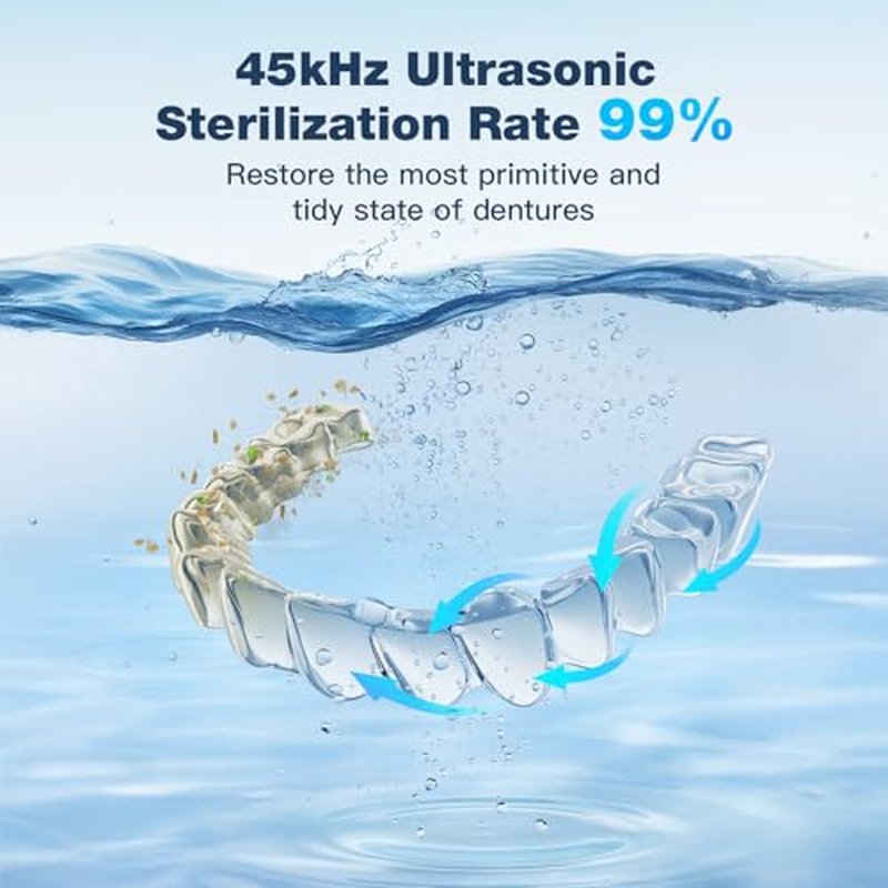 Ultrasonic Retainer Cleaner Machine,45kHz Ultrasonic Cleaner,360¡ÆCleaning for Dentures,Aligner,Mouth Guard,Jewelry,Braces,Toothbrush Heads with 200 ML Dental Cleaning Pod, 3 Modes,Black