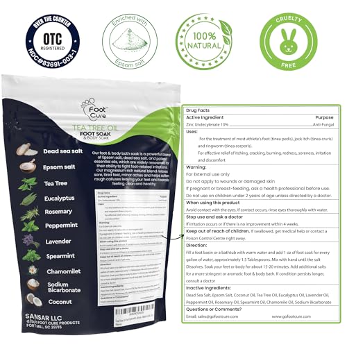 Tea Tree Oil Foot Soak with Epsom Salt - For Toenail Repair, Athletes Foot, Softens Calluses, Soothes Sore & Tired Feet, Nail Discoloration, odor Scent, Spa Pedicure Care - Made in USA 16 oz
