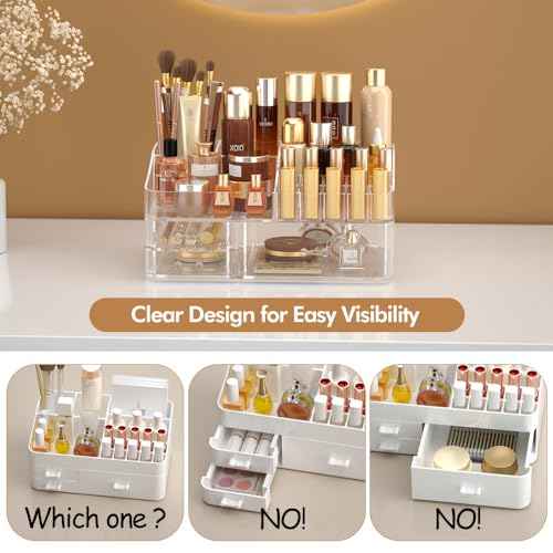 Makeup Organizer for Vanity, Acrylic Large Desk Organizer with Drawers, Ideal Vanity Holder for Cosmetics, Lipsticks, Nail Polish, Skincare, Countertop, Bathroom, Dresser