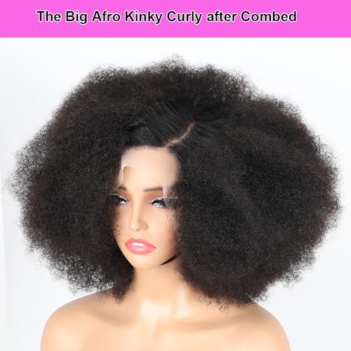 13x6 Lace Front Wigs Human Hair Curly Afro Wig Human Hair Afro Kinky Curly Transparent Lace Frontal Wigs Human Pre Plucked Knots Bleached 200% Density Natural Black 18 Inch