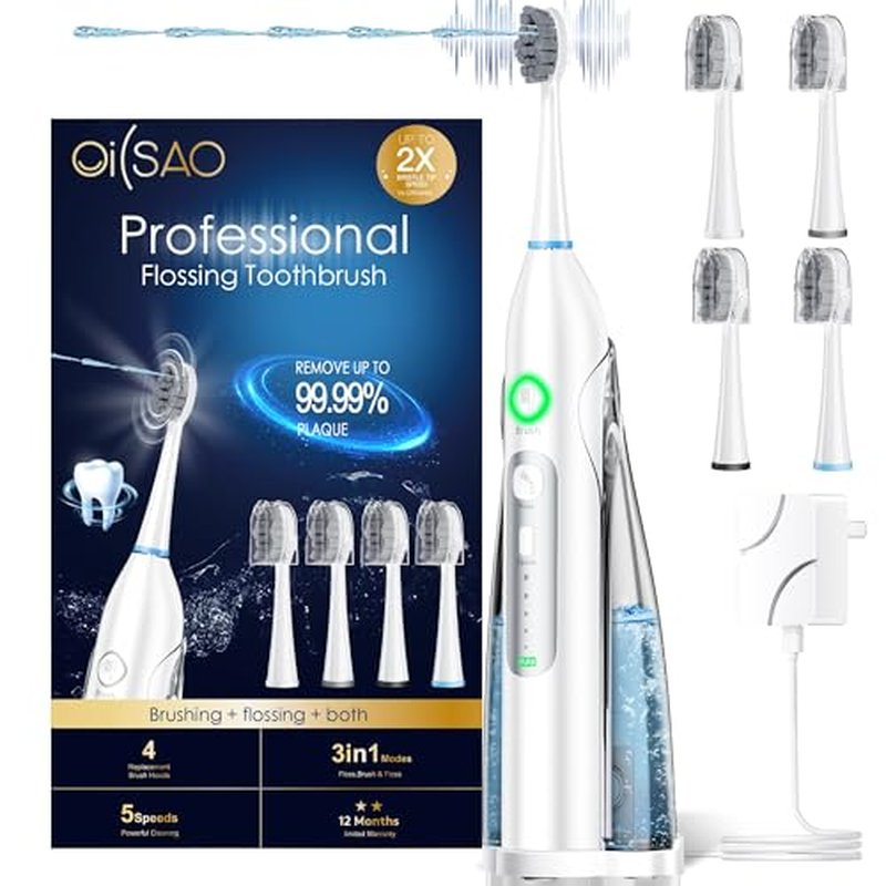 Electric Toothbrush with Water Flosser, All in One Sonic Flossing Toothbrush with 3 Modes & 5 Flossing Speeds & 4 Brush Heads, Rechargeable & Portable for Adult Teeth Cleaning