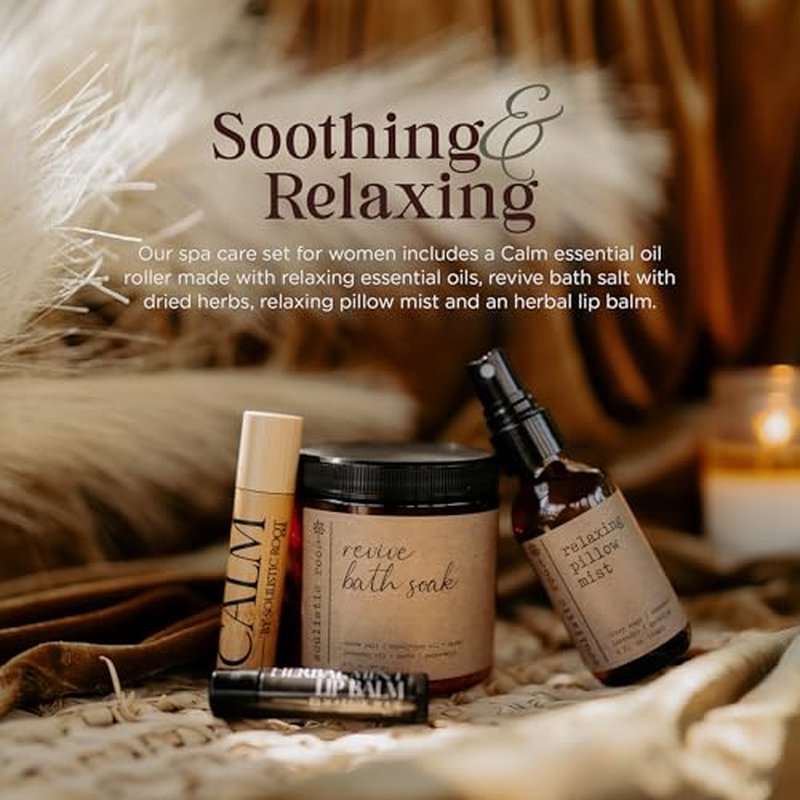 SOULISTIC ROOT Spa Kit for Women ? Relaxing Self Care Gift Set with Lavender Pillow Spray, Mint Lip Balm, Calm Essential Oil Roller & Epsom Salt Bath Soak ? Luxury Pampering Package for Home & Bath
