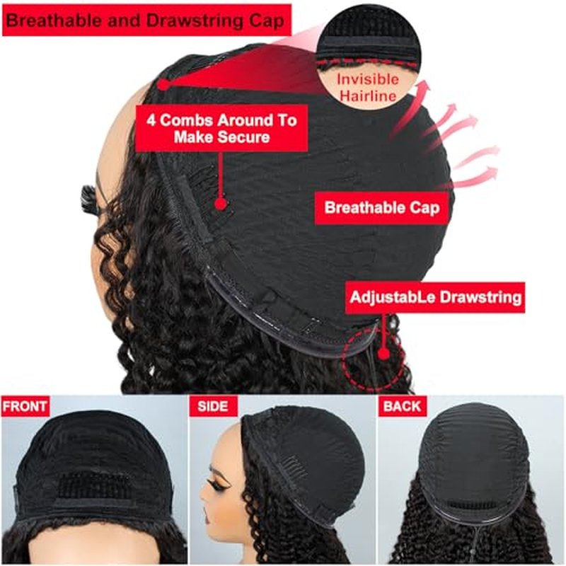 Kinky Curly Half Wig Human Hair 200% Density 3 In 1 Curly Half Wig Seamless Drawstring Curly Human Hair Wig Wear Go Glueless Wigs Human Hair Beginner Friendly (Kinky Curly Nautal Color, 18 Inch)