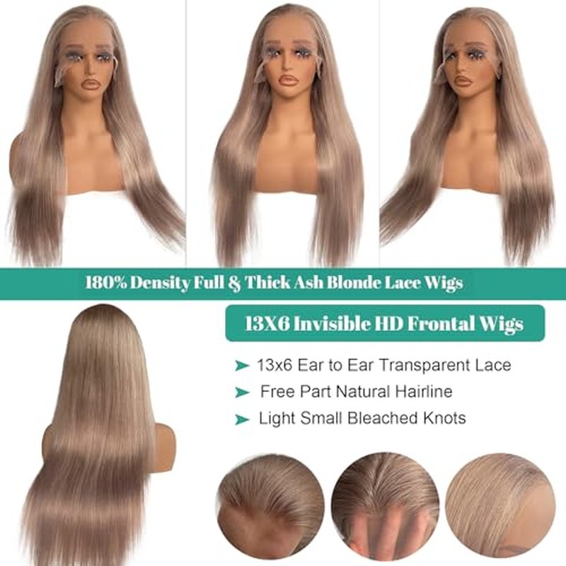 Munx Ash Blonde Straight Human Hair Wig Pre Plucked Real Ear To Ear 13x6 Lace Front Glueless Wig Bleached Invisible Knots Wear and Go 180% Density 18Inch HD Transparent Colored Frontal Wigs