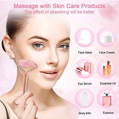 2 Pack Jade Facial Roller & Rose Quartz Face Roller for Wrinkles and Puffiness, Natural Jade Stone Face Massager Roller