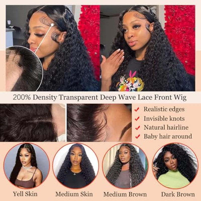 MISSJAY Deep Wave Lace Front Wig Human Hair 13x6 Lace Frontal Wigs 200% Density Glueless Brazilian Virgin Human Hair Wig Deep Curly Wigs Pre Plucked for Black Women 24 Inch