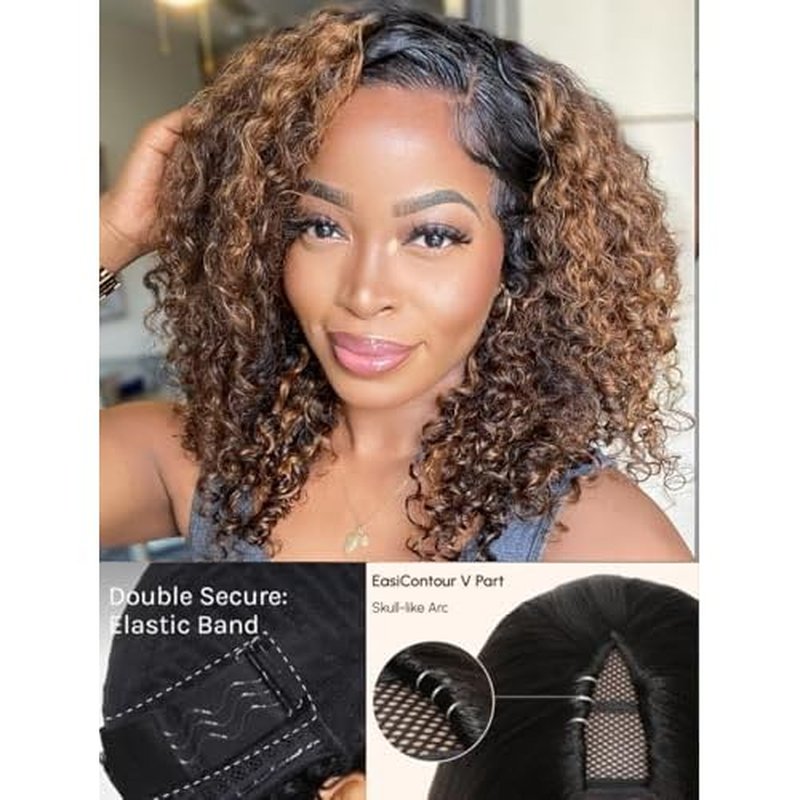 Julia Hair Highlight V Part Curly Wigs with Drawstring Balayage Brown Clip-In Half Wigs EasiContour Upgraded U Part Jerry Curly Glueless Human Hair Wig Beginner-Friendly Ready to Go 14 Inch