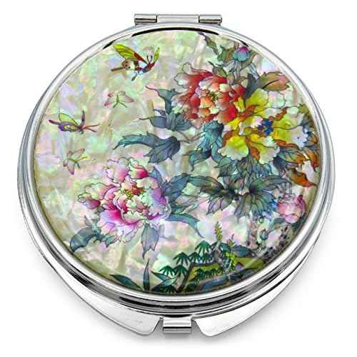 MADDesign Mother of Pearl Compact Makeup Mirror Folding Magnify Butterfly Flowers Pink Yellow