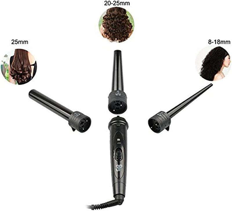 Tourmaline 3-in-1 Curling Wand Set | Interchangeable Ceramic Barrels & Heat Resistant Glove - Black