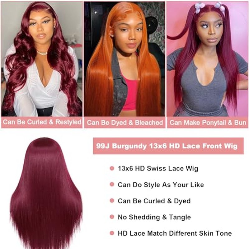 LICHANG 99J Straight Lace Front Wigs Human Hair Red Colored Wig Pre Plucked with Baby Hair for Black Women, 13x6 Burgundy Lace Frontal Wig Brazilian Virgin Human Hair Glueless 24 Inch