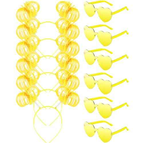 12 Pcs Pom Pom Headband Tinsel Wrapped Ponytail Headband with Heart Sunglasses Costume Halloween Cosplay Hair Party Accessory(Yellow)