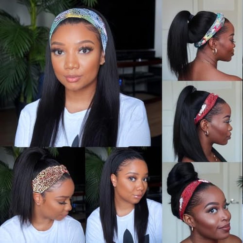 Headband Wig Straight Human Hair Wigs for Black Women Glueless None Lace Front Human Hair Brazilian Virgin Hair Machine Made Headband Wigs 150% Density Natural Color 24 Inch