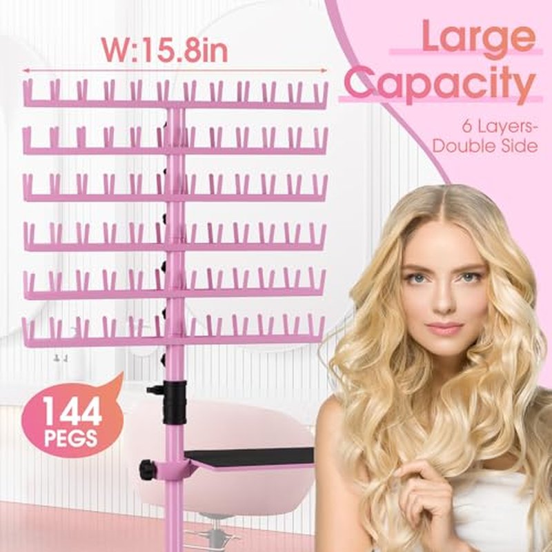 Klvied Braiding Hair Rack Standing 144 Pegs, Heavy Duty Hair Racks for Braiders Standing, Hair Divider Rack for Braiding Hair Separator, Braiding Rack with Carrying Bag and Hair Braiding Tools, Pink