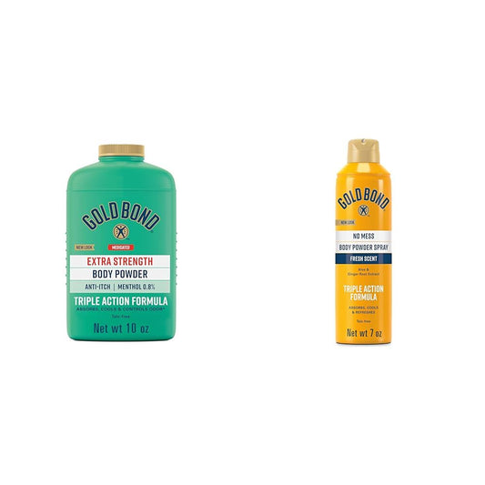 Gold Bond Medicated Talc-Free Extra Strength 10 oz & No Mess Talc-Free Body Powder Spray 7 oz Bundle