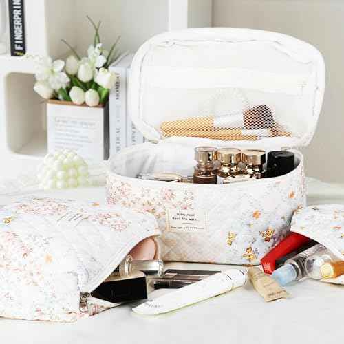 Quilted Makeup Bag Set - 3 PCS Cute Floral Cotton Makeup Bag, Large Coquette Aesthetic Make up Cosmetic Bag, Flower Travel Toiletry Organizer Bags for Women Girls