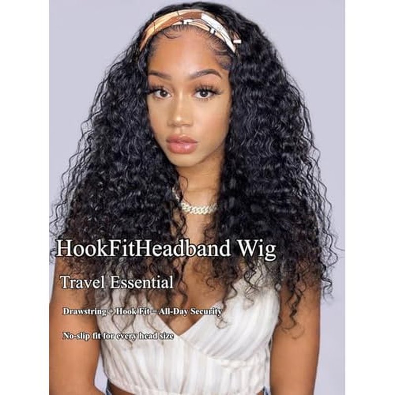 UNICE HookFit Water Wave Headband Wig Human Hair with Drawstring No-Slip Glueless Headband Half Human Hair Wig 150% Density Natural Black 16 inch