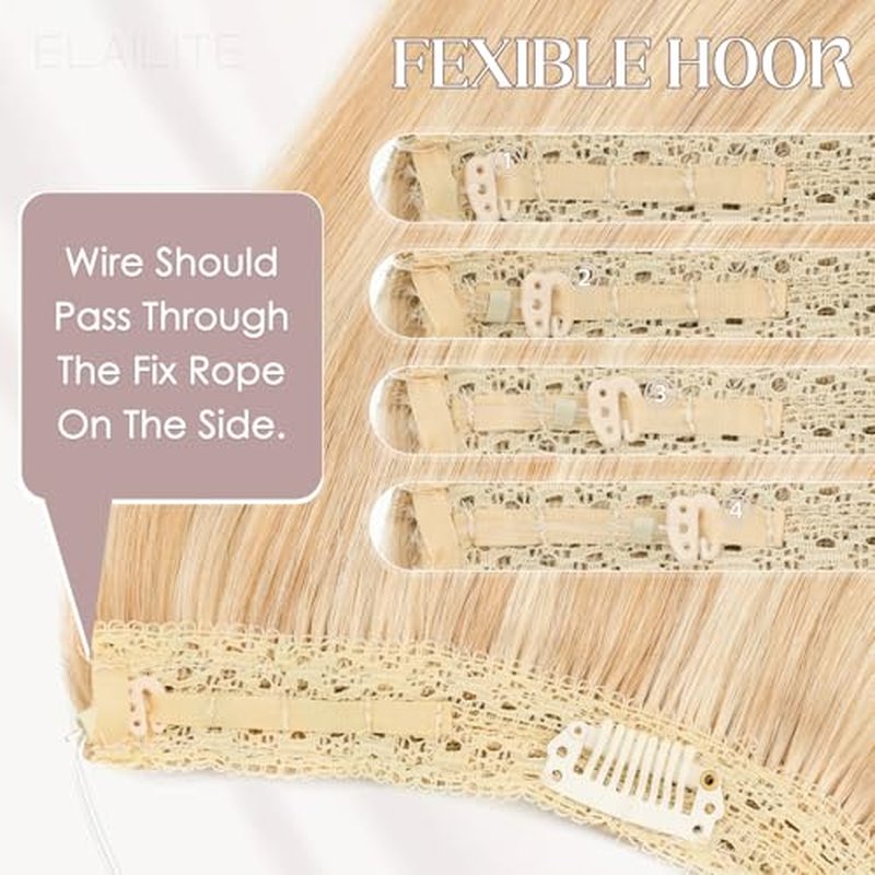 Elailite Halo Hair Extensions Real Human Hair for Women Ash Blonde & Bleach Blonde Clip in Remy Hairpiece with Adjustable Invisible Wire 22 Inch 75G