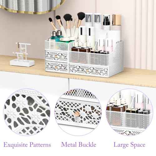 Lamesa Makeup Organizer for Vanity, Metal Makeup Organizers and Storage, Large Capacity Vanity Organizers for Cosmetics, Skincare, Desk Organizers with Drawers for Dresser Countertop(Large White)