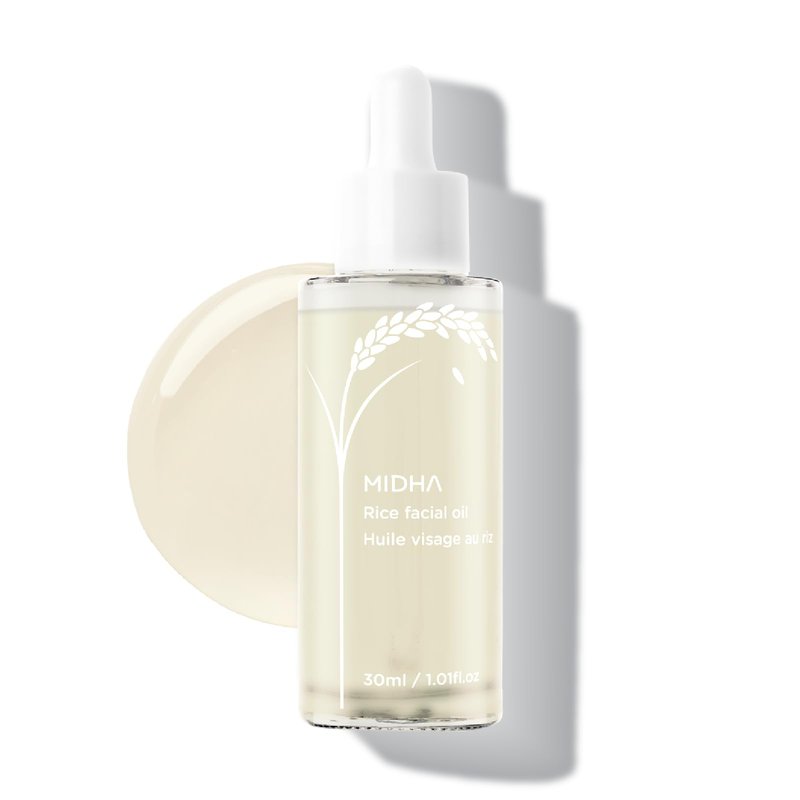 MIDHA Rice Facial Oil 30ml for skin moisturizing, deep, intense and immediate hydration and quick absorption with non greasy light oil like as rice bran oil