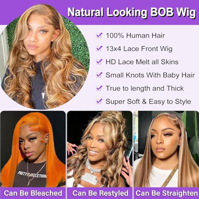 Hihmarm 13x4 HD Body Wave Highlight Ombre Lace Frontal Wigs Human Hair Pre Plucked 18 Inch Honey Blonde Lace Front Wig Human Hair 180% Density 4/27 Glueless Wigs Human Hair For Black Women