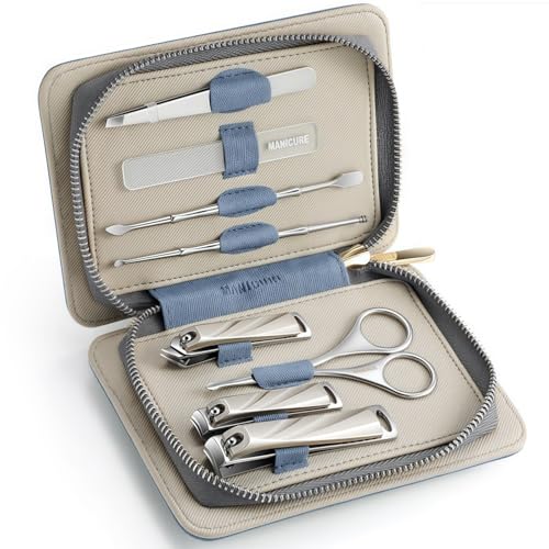 8-Piece Manicure Pedicure Set-Stainless Steel Nail Clippers Toenail Fingernail Cutters with Travel Case Complete Grooming Kit (Blue)