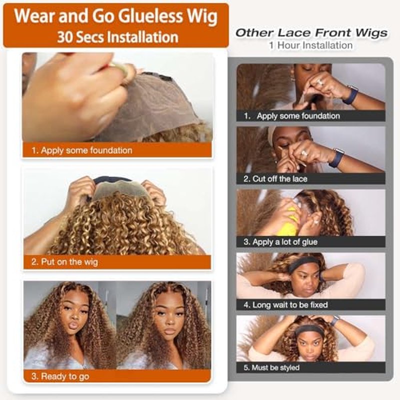 Highlight Glueless Wigs Human Hair Pre Plucked Pre Cut Ombre Honey Blonde Curly Lace Front Wig for Black Women 5x5 HD Lace Closure Wig for Beginners 180 Density
